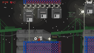 A screenshot of Jump Mechanic showing J.Me running under floppy disk enemies.