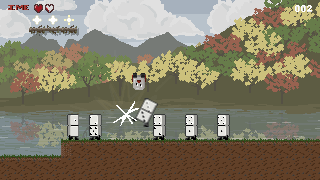 A screenshot of Jump Mechanic showing J.Me diving headfirst into some domino enemies.